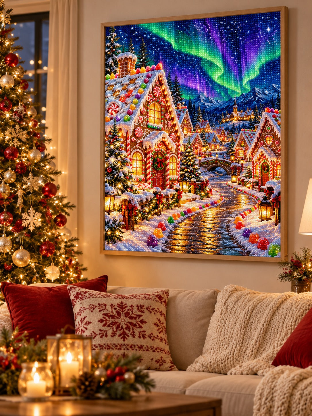 Finished gingerbread village under green and violet northern lights diamond painting in a light oak frame hanging in a cozy living room decorated for Christmas