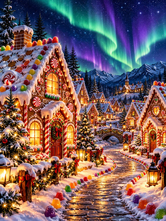 Gingerbread village under green and violet northern lights, Christmas diamond painting kit by All Diamond Painting