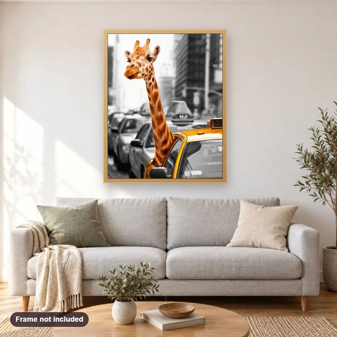 Giraffe Travelling in Taxi diamond painting shown framed on a living room wall above a sofa