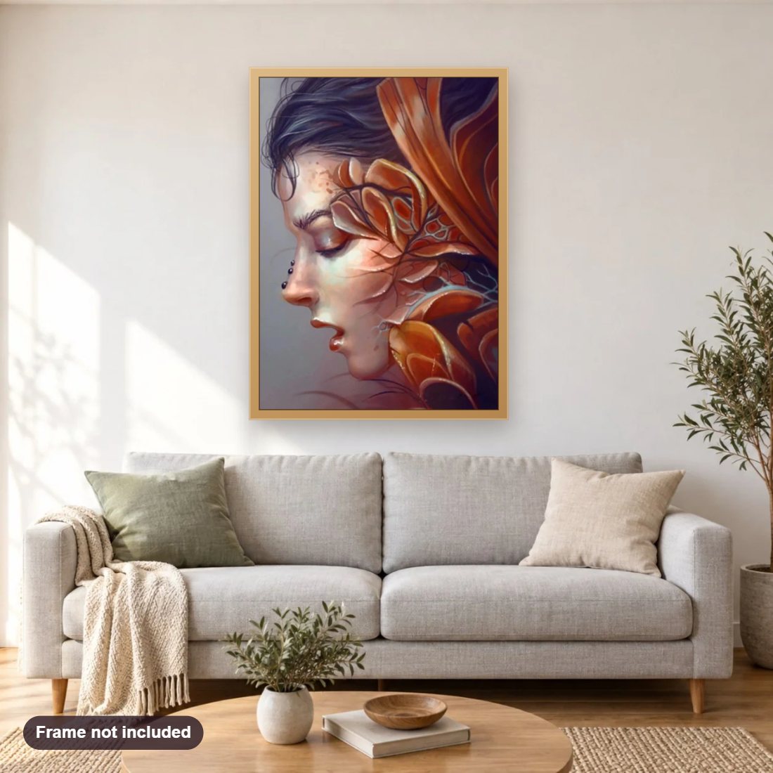 Girl Art by Jennifer Healy diamond painting shown framed on a living room wall above a sofa