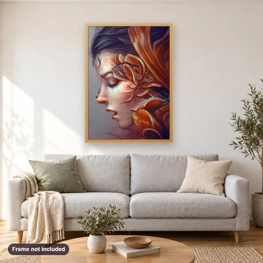Girl Art by Jennifer Healy diamond painting shown framed on a living room wall above a sofa