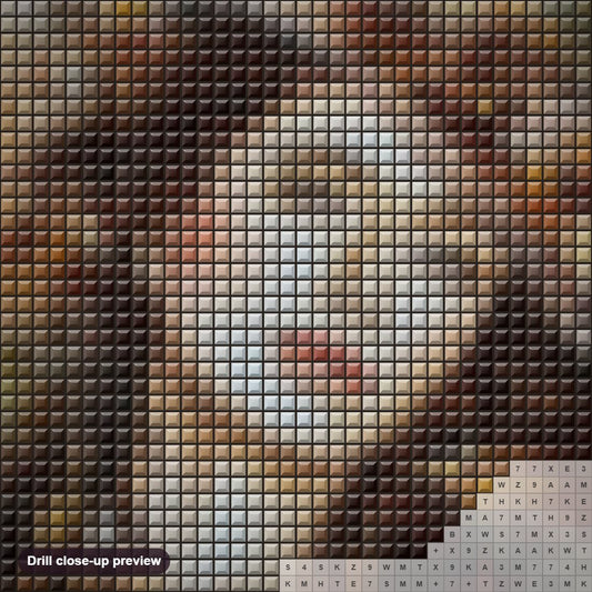Close-up preview of the Girl in Beautiful Hat diamond painting with square 5D drills and printed canvas symbols