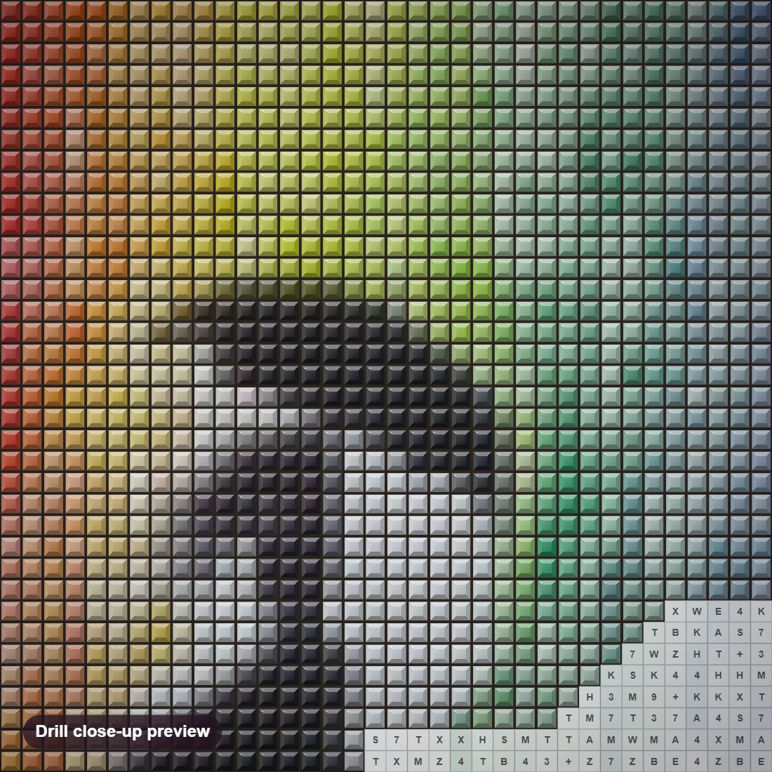 Close-up preview of the Girl in Rainbow Rain diamond painting with square 5D drills and printed canvas symbols