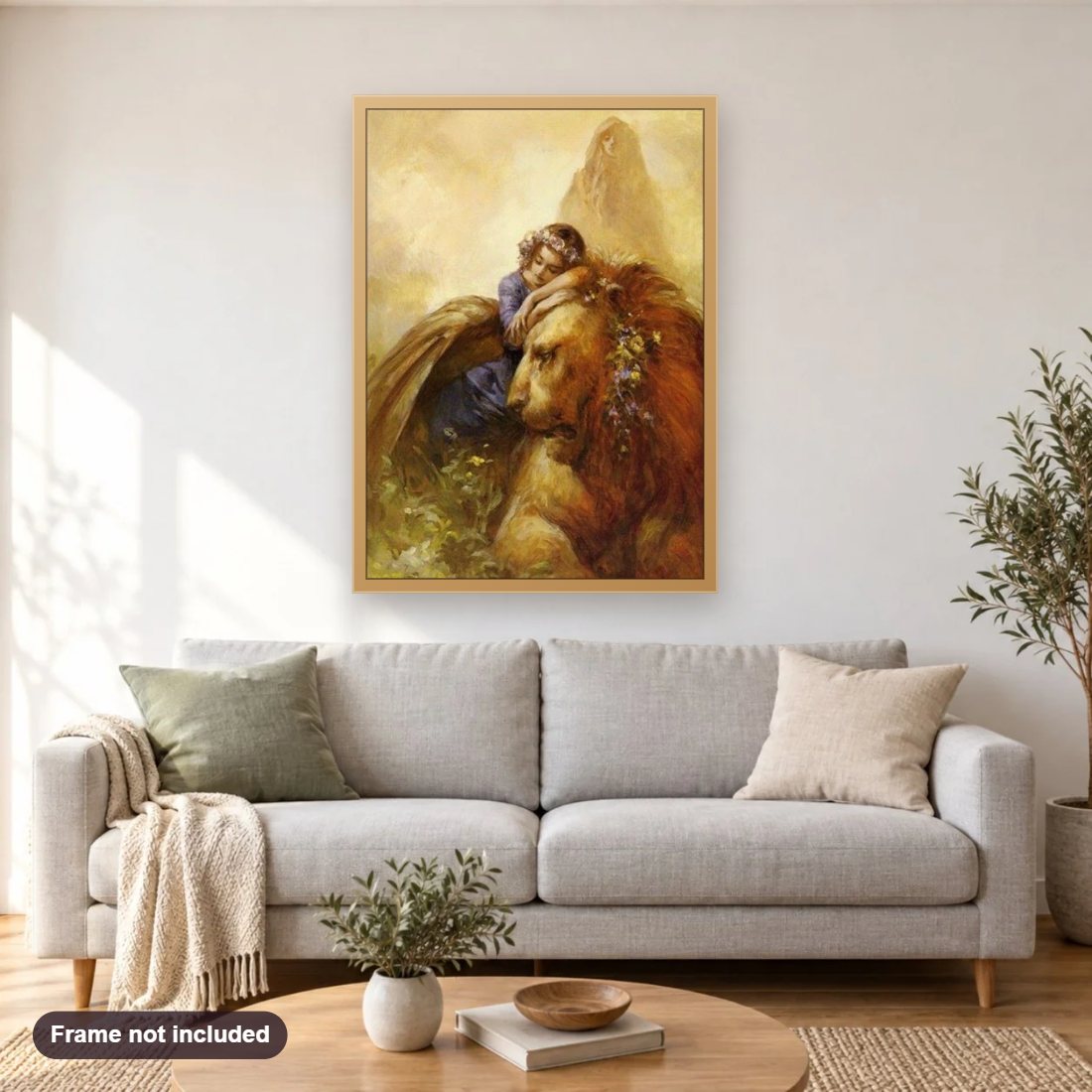 Girl & Lion diamond painting shown framed on a living room wall above a sofa
