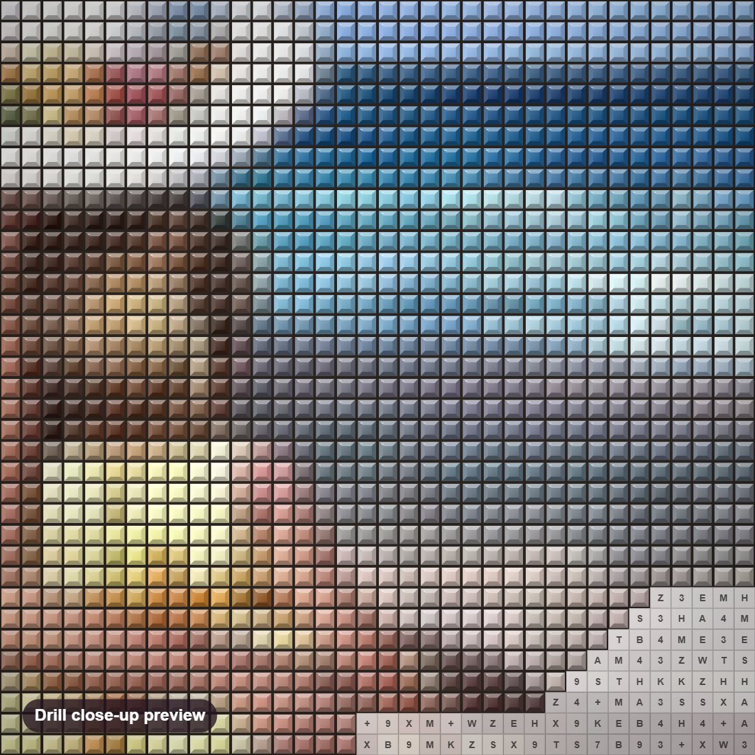 Close-up preview of the Girl & Mother on the Beach diamond painting with square 5D drills and printed canvas symbols