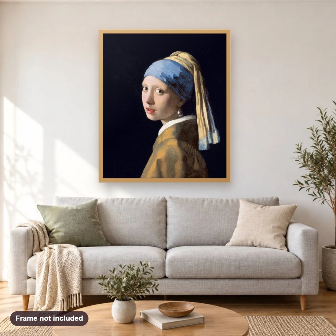 Girl Nativity Portrait diamond painting shown framed on a living room wall above a sofa