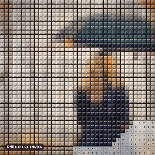 Close-up preview of the Girl on Rainy Autumn Street diamond painting with square 5D drills and printed canvas symbols