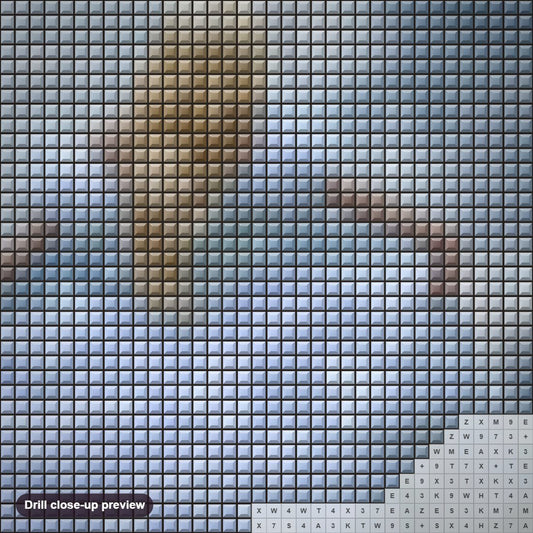 Close-up preview of the Girl Running in Gorgeous White Dress diamond painting with square 5D drills and printed canvas symbols