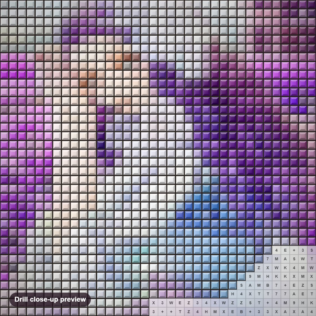 Close-up preview of the Girl Sitting in Lavender Flowers diamond painting with square 5D drills and printed canvas symbols