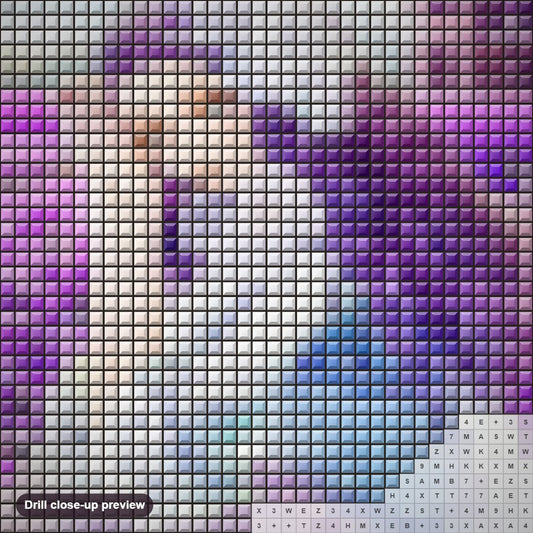 Close-up preview of the Girl Sitting in Lavender Flowers diamond painting with square 5D drills and printed canvas symbols