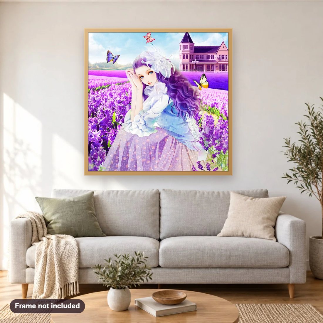 Girl Sitting in Lavender Flowers diamond painting shown framed on a living room wall above a sofa