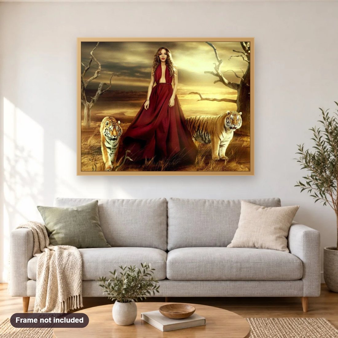 Girl & Tigers diamond painting shown framed on a living room wall above a sofa