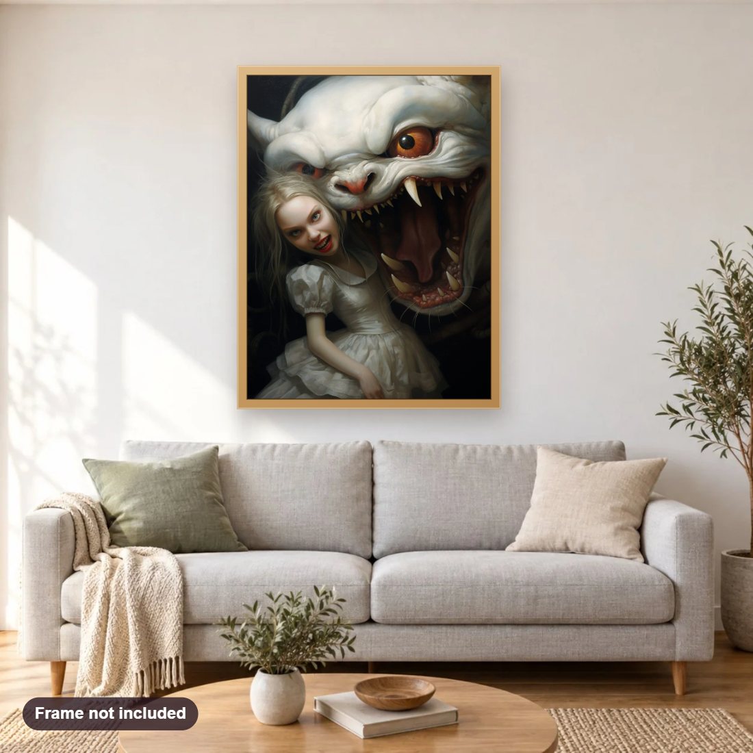 Girl with a Wolf diamond painting shown framed on a living room wall above a sofa