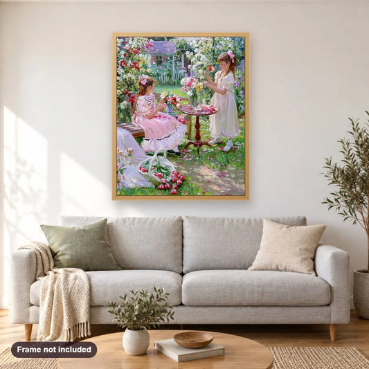 Girls Plucking Flowers in the Garden diamond painting shown framed on a living room wall above a sofa