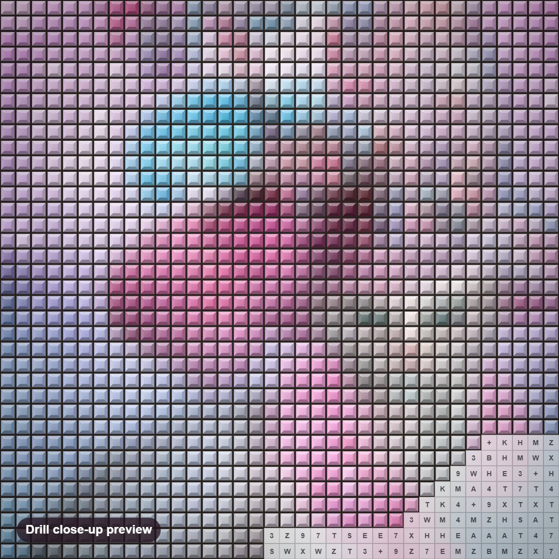 Close-up preview of the Glamorous Cat diamond painting with square 5D drills and printed canvas symbols