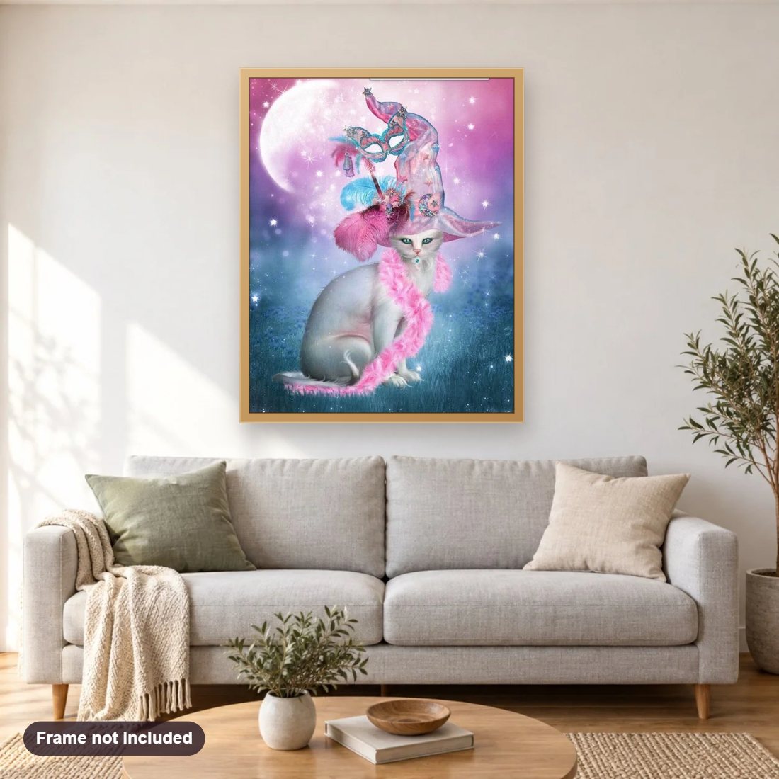 Glamorous Cat diamond painting shown framed on a living room wall above a sofa