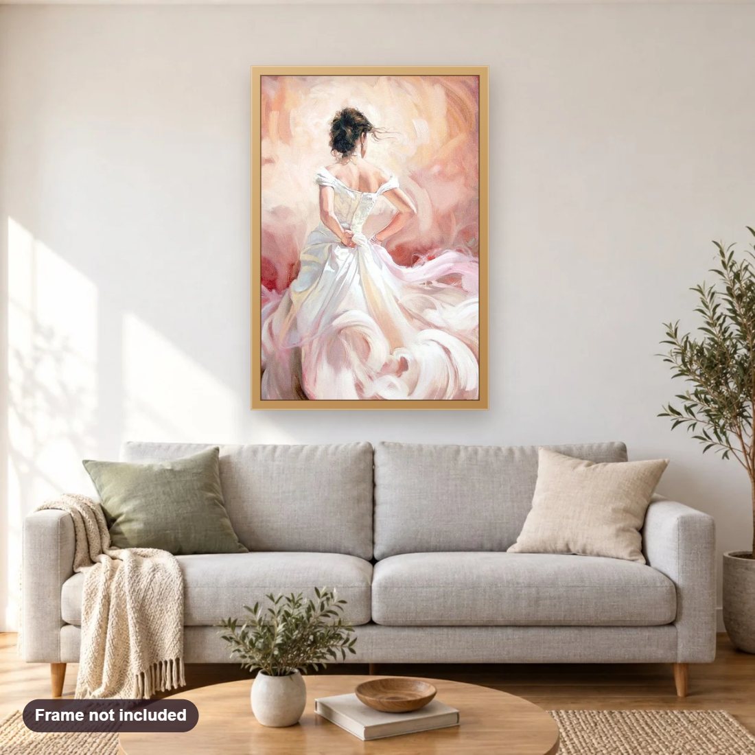 Glamorous Dancing Girl diamond painting shown framed on a living room wall above a sofa