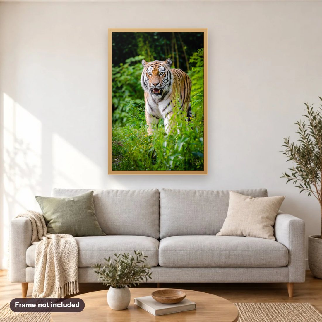 Glamorous Tiger diamond painting shown framed on a living room wall above a sofa