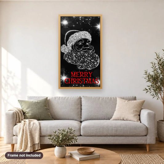 Glimpses of Christmas Magic diamond painting shown framed on a living room wall above a sofa