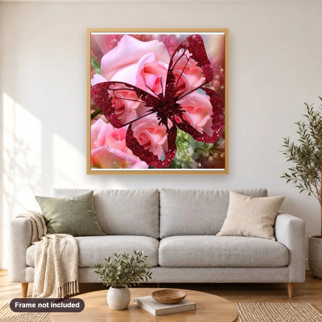 Glittering transparent Butterfly diamond painting shown framed on a living room wall above a sofa