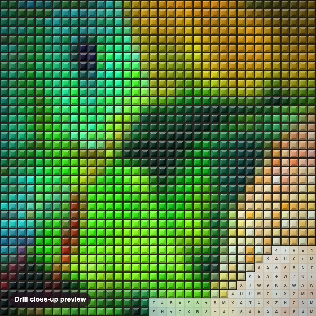 Close-up preview of the GloFish diamond painting with square 5D drills and printed canvas symbols