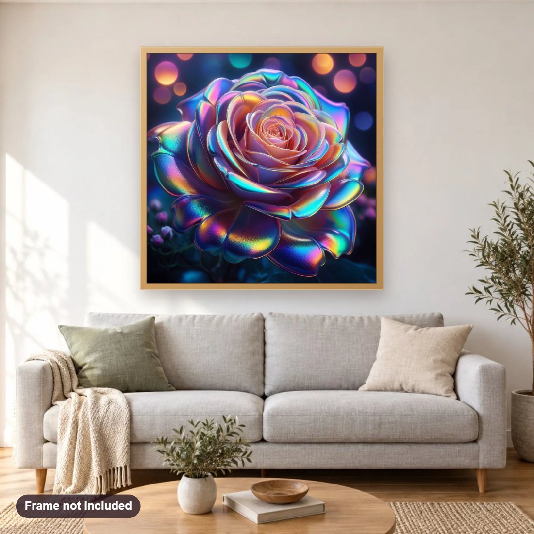 Glowing Beauty of Roses diamond painting shown framed on a living room wall above a sofa
