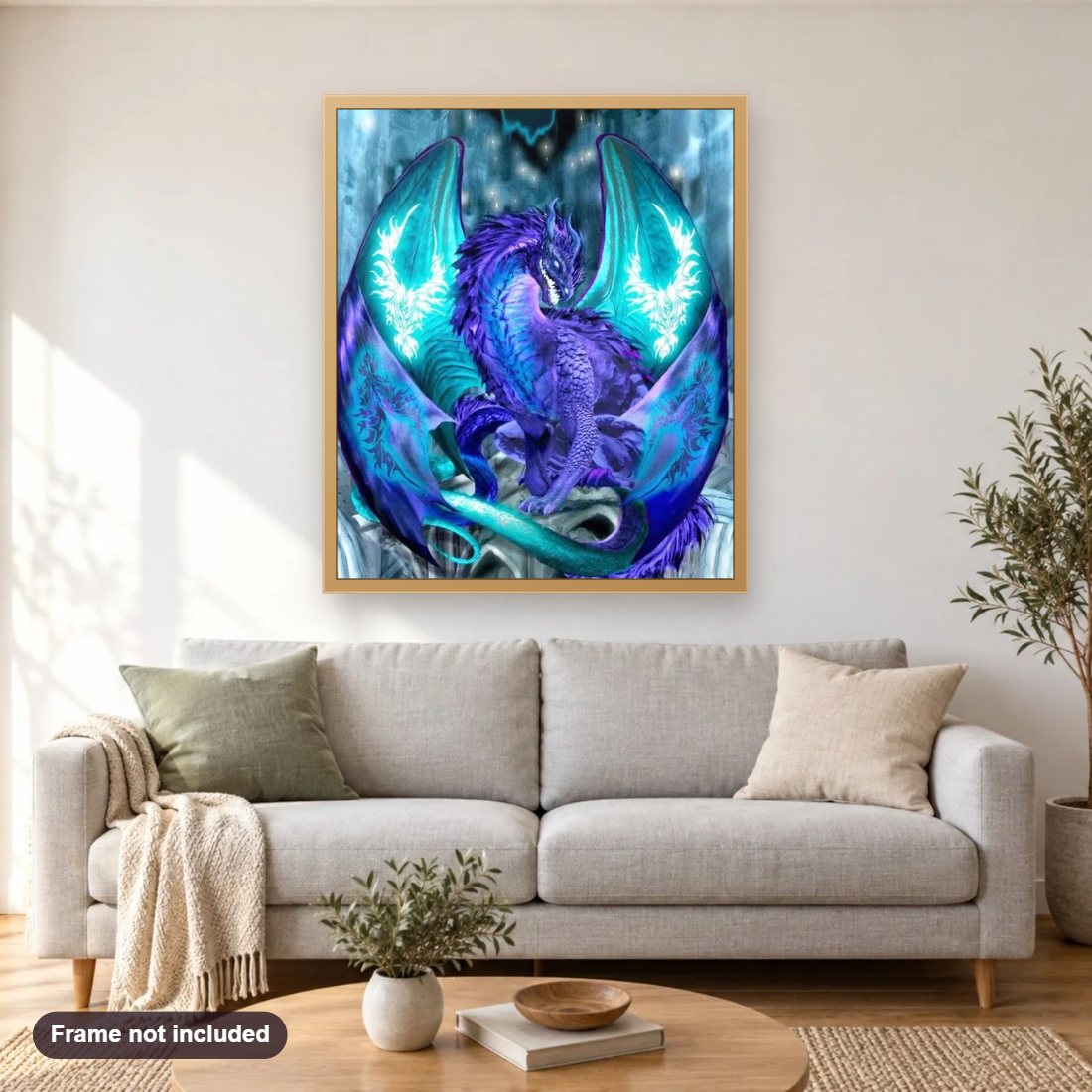 Glowing Dragon diamond painting shown framed on a living room wall above a sofa