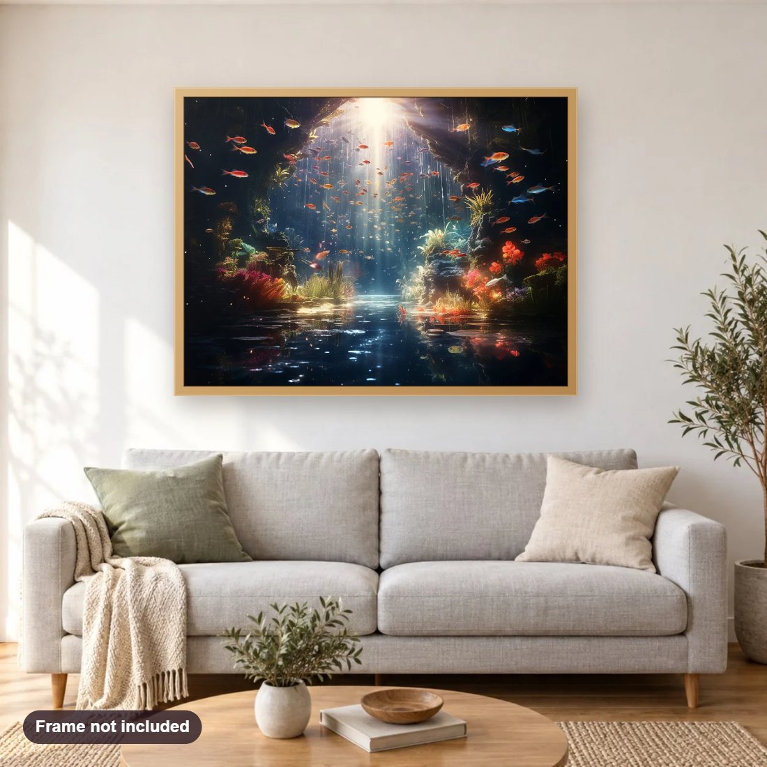 Glowing Fish diamond painting shown framed on a living room wall above a sofa
