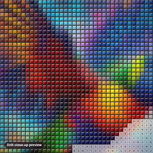 Close-up preview of the Glowing Neon Parrot diamond painting with square 5D drills and printed canvas symbols
