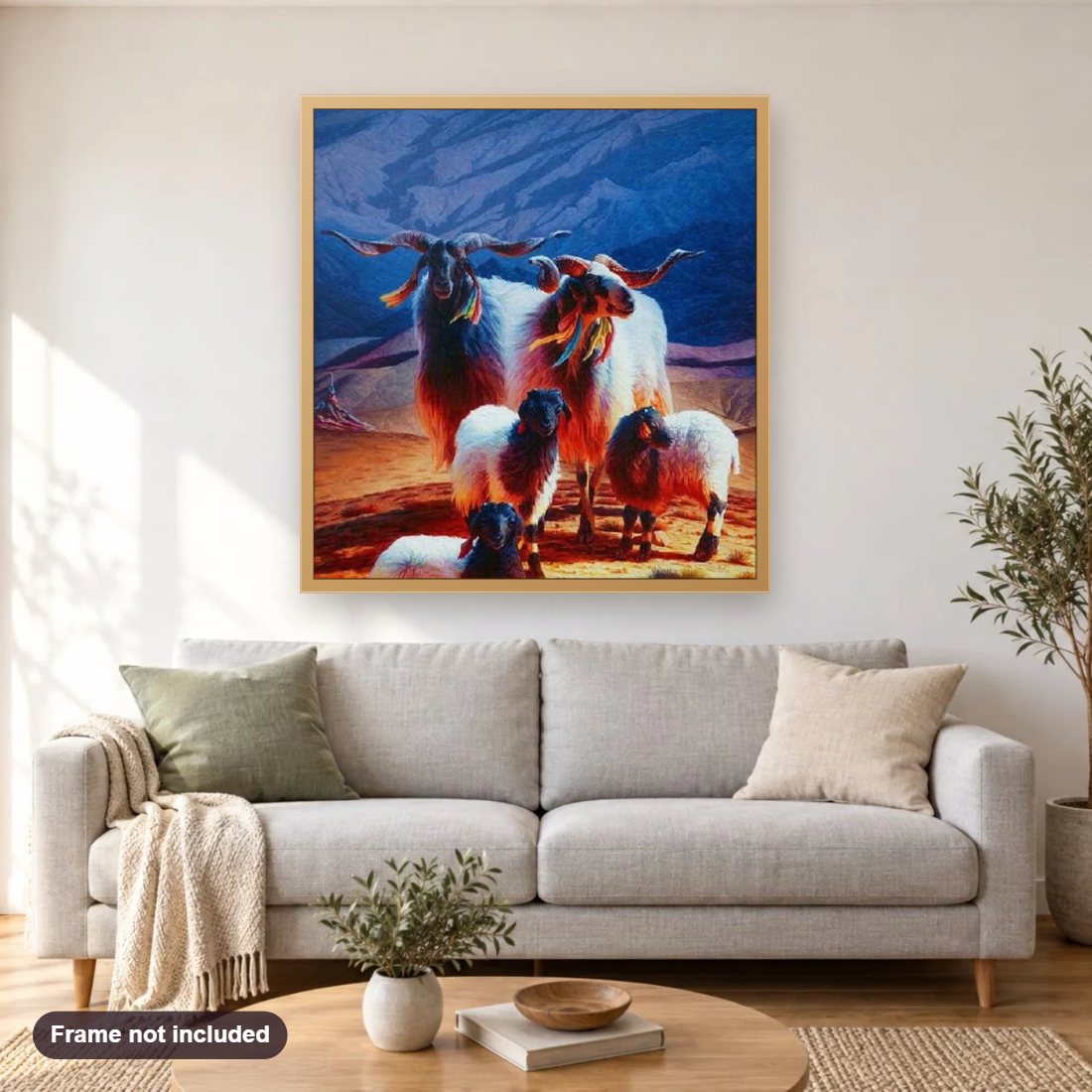 Goat Family diamond painting shown framed on a living room wall above a sofa