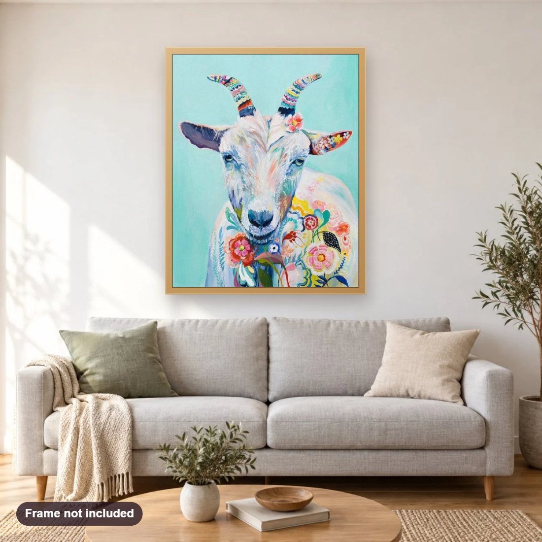 Goat Floral Art diamond painting shown framed on a living room wall above a sofa