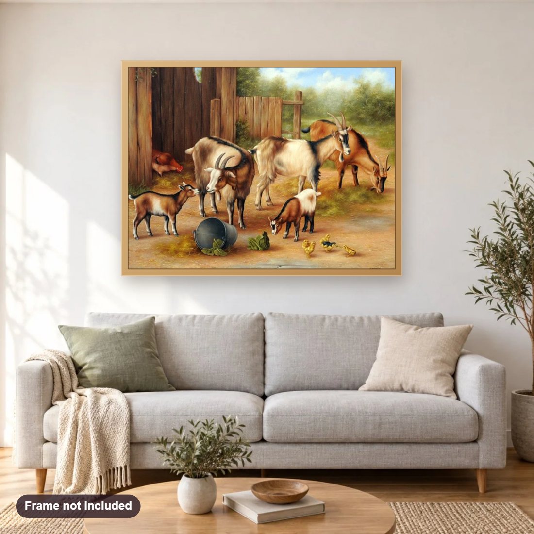Goats & Chickens diamond painting shown framed on a living room wall above a sofa