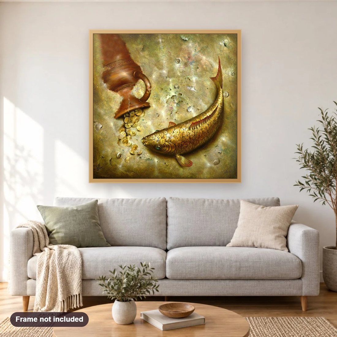 Gold Coins & Fish diamond painting shown framed on a living room wall above a sofa