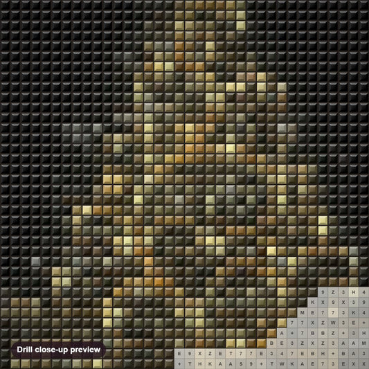 Close-up preview of the Golden Christmas Tree diamond painting with square 5D drills and printed canvas symbols