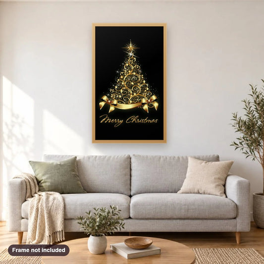 Golden Christmas Tree diamond painting shown framed on a living room wall above a sofa