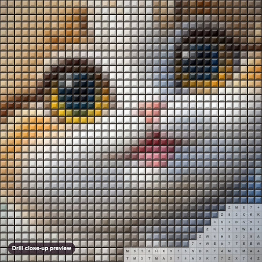 Close-up preview of the Golden Eyed Kitten Charm diamond painting with square 5D drills and printed canvas symbols