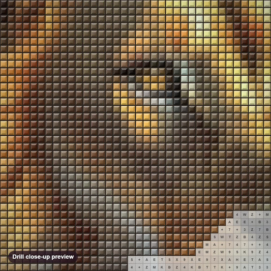 Close-up preview of the Golden Majesty Lion diamond painting with square 5D drills and printed canvas symbols