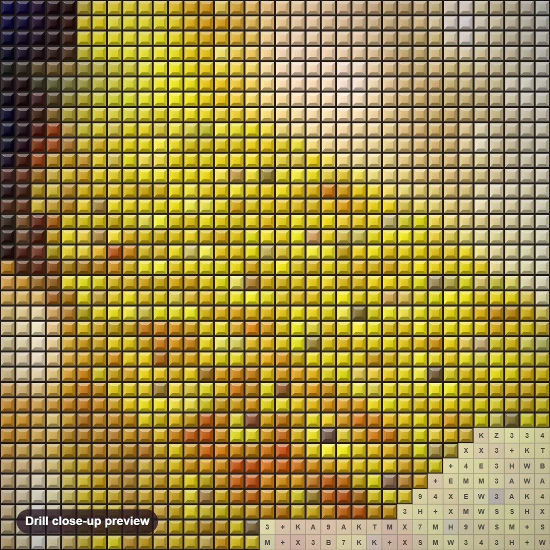 Close-up preview of the Golden Peacock diamond painting with square 5D drills and printed canvas symbols