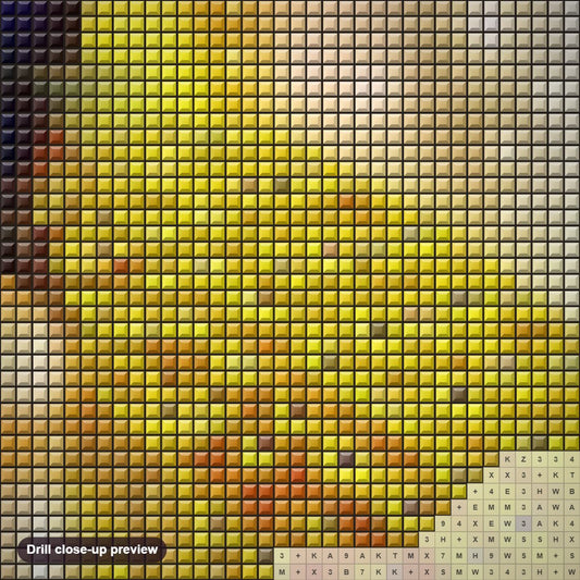 Close-up preview of the Golden Peacock diamond painting with square 5D drills and printed canvas symbols