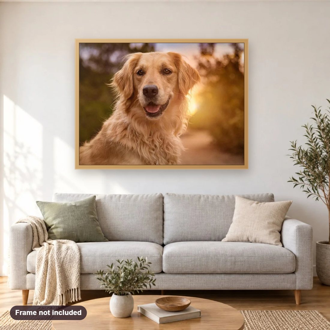 Golden Retriever Close Up diamond painting shown framed on a living room wall above a sofa