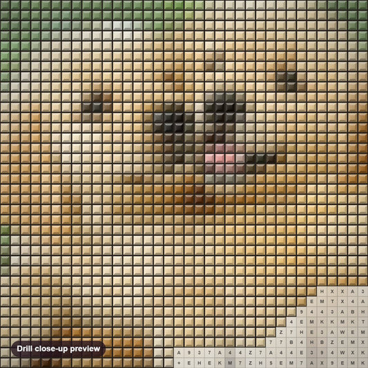 Close-up preview of the Golden Retriever Puppies in Basket diamond painting with square 5D drills and printed canvas symbols