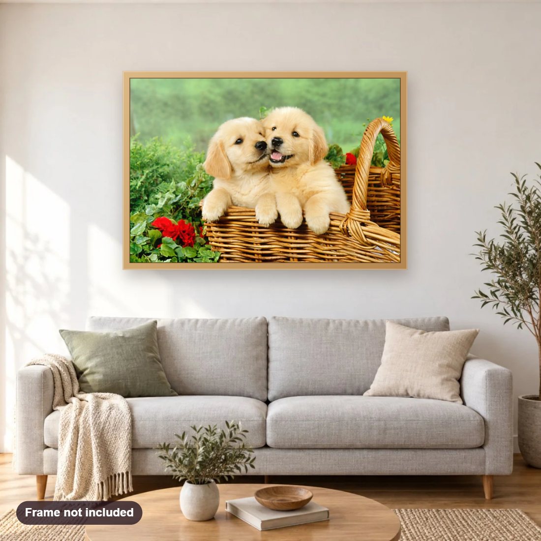 Golden Retriever Puppies in Basket diamond painting shown framed on a living room wall above a sofa