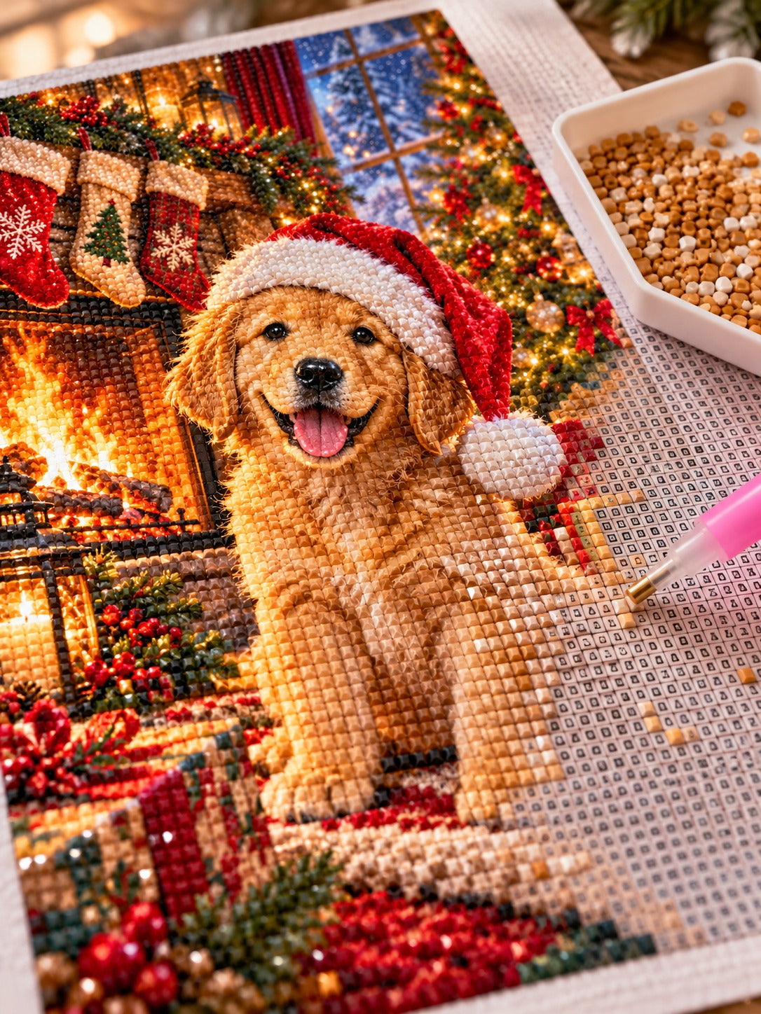 Close-up of the golden retriever puppy in a Santa hat by the Christmas fireplace diamond painting in progress, square resin drills, wax pen and drill tray