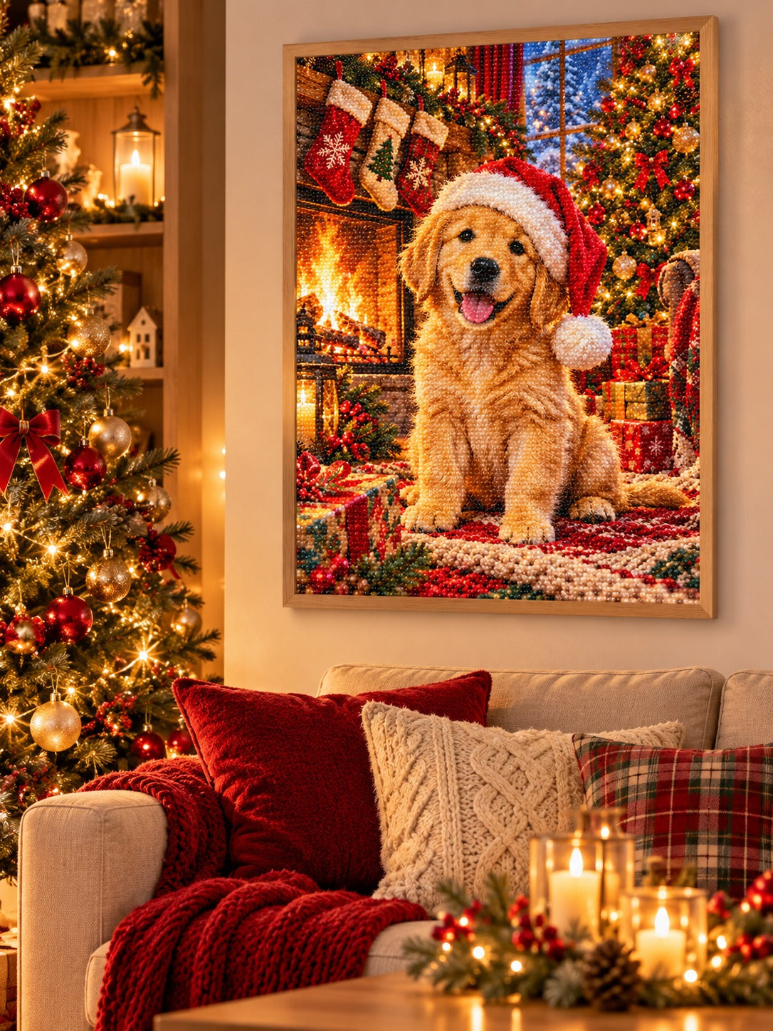Finished golden retriever puppy in a Santa hat by the Christmas fireplace diamond painting in a light oak frame hanging in a cozy living room decorated for Christmas