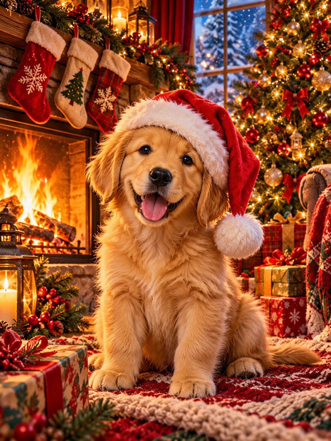 Golden retriever puppy in a Santa hat by the Christmas fireplace, Christmas diamond painting kit by All Diamond Painting