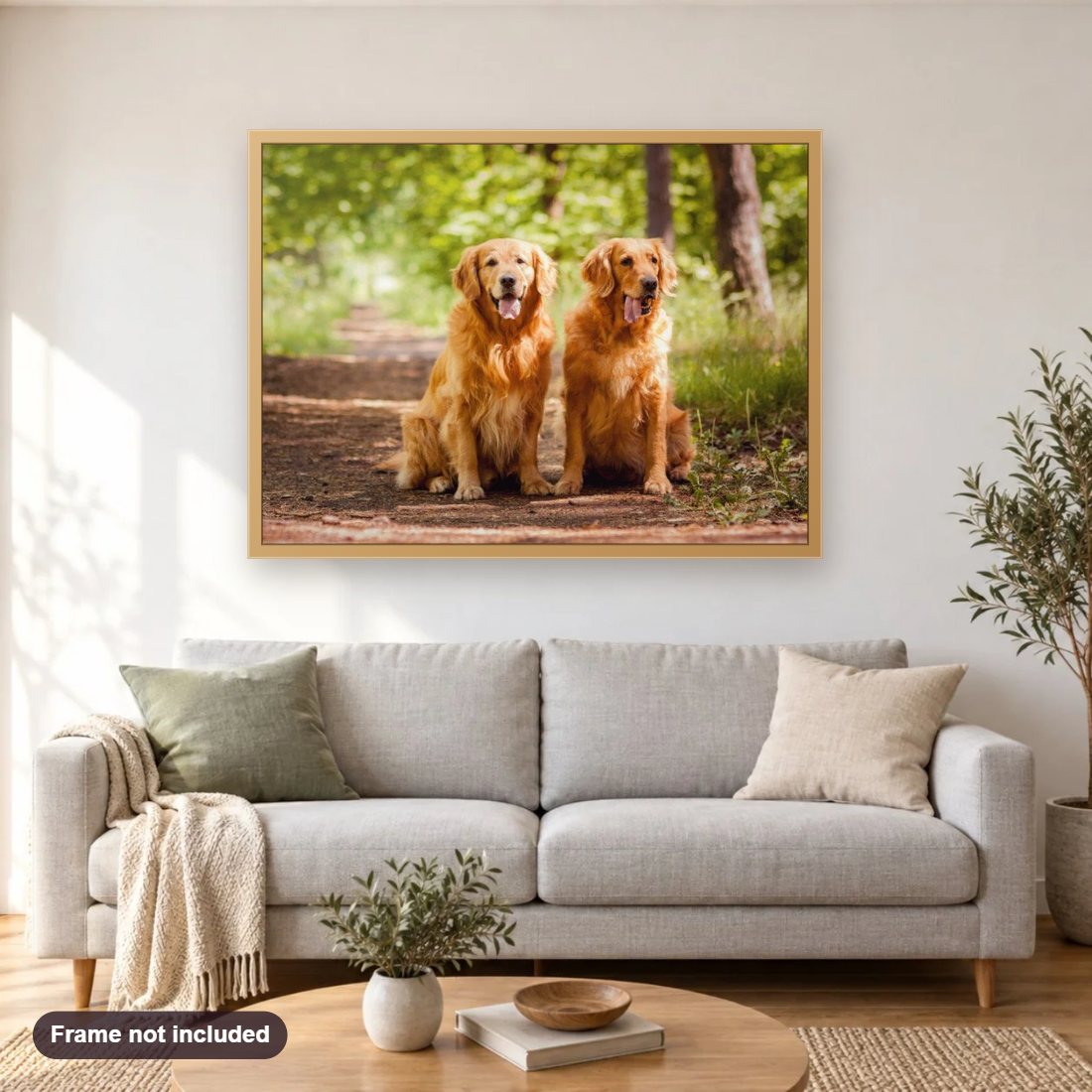 Golden Retrievers Out for Walk diamond painting shown framed on a living room wall above a sofa