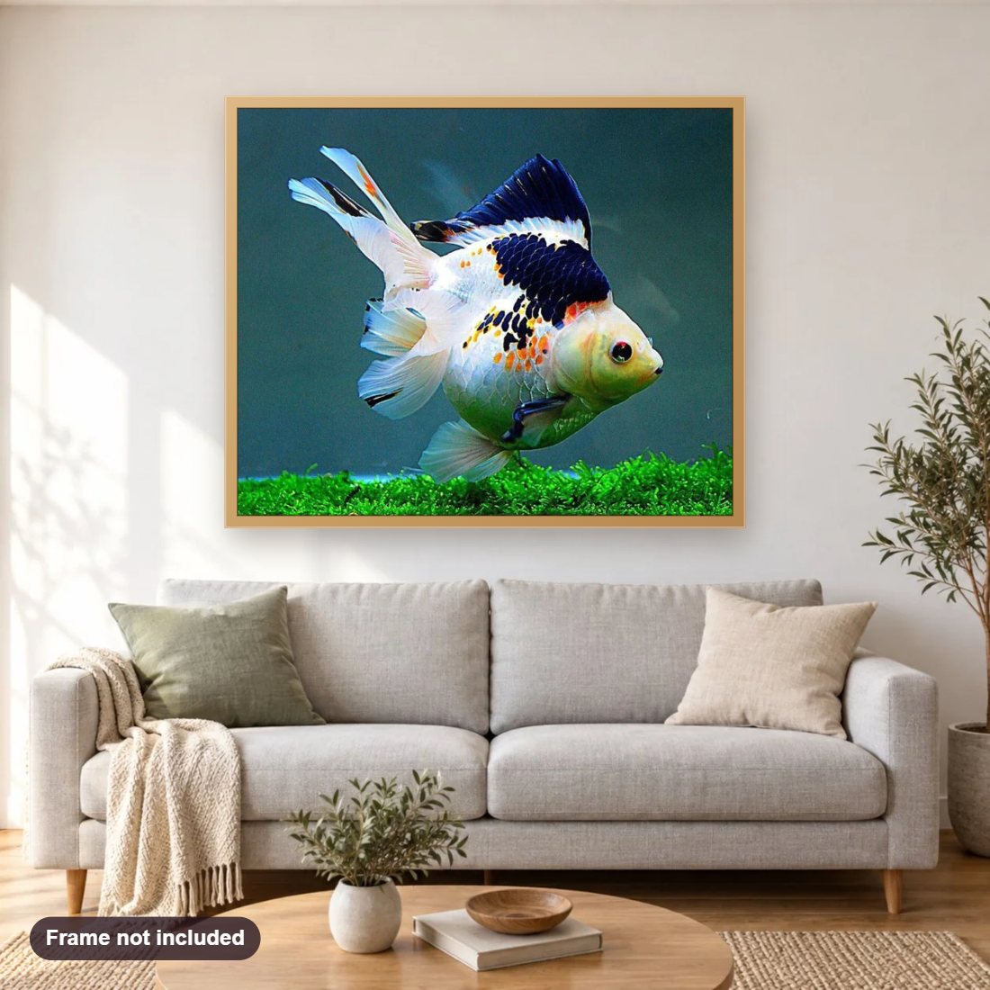 Goldfish Specie diamond painting shown framed on a living room wall above a sofa