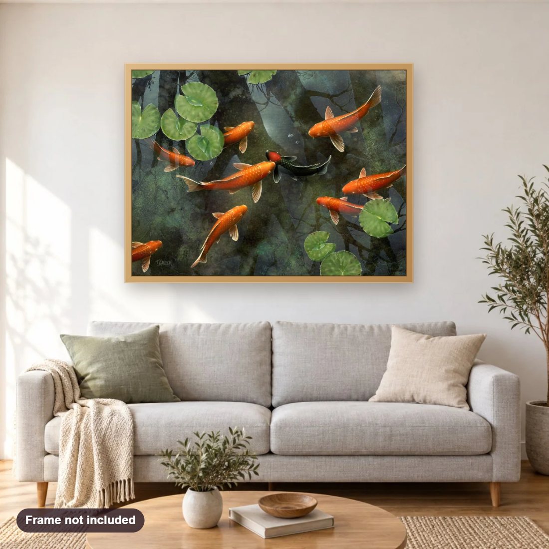 Good As Gold diamond painting shown framed on a living room wall above a sofa