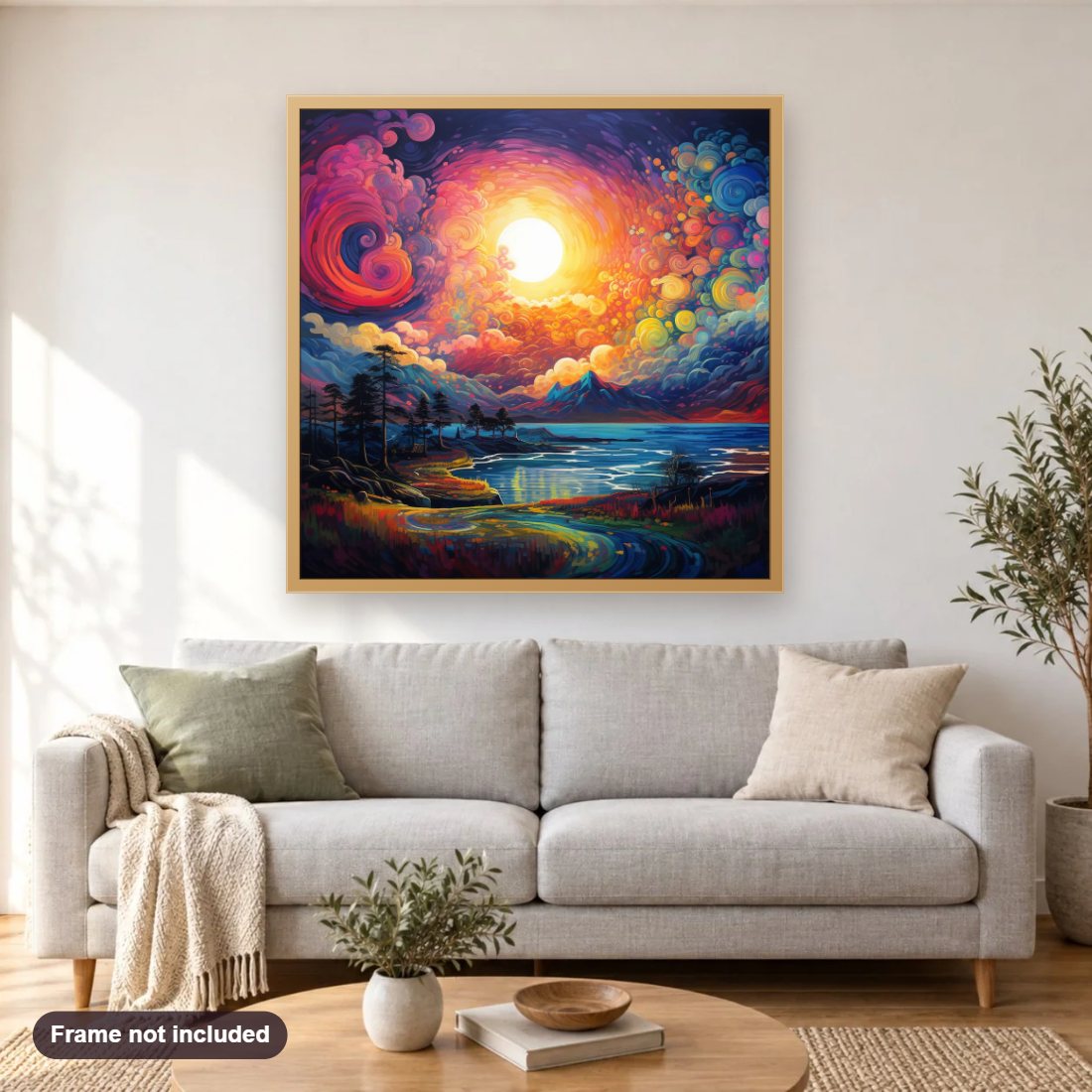 Good Morning diamond painting shown framed on a living room wall above a sofa