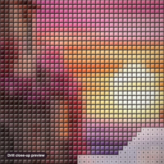 Close-up preview of the Goodbye Sun diamond painting with square 5D drills and printed canvas symbols